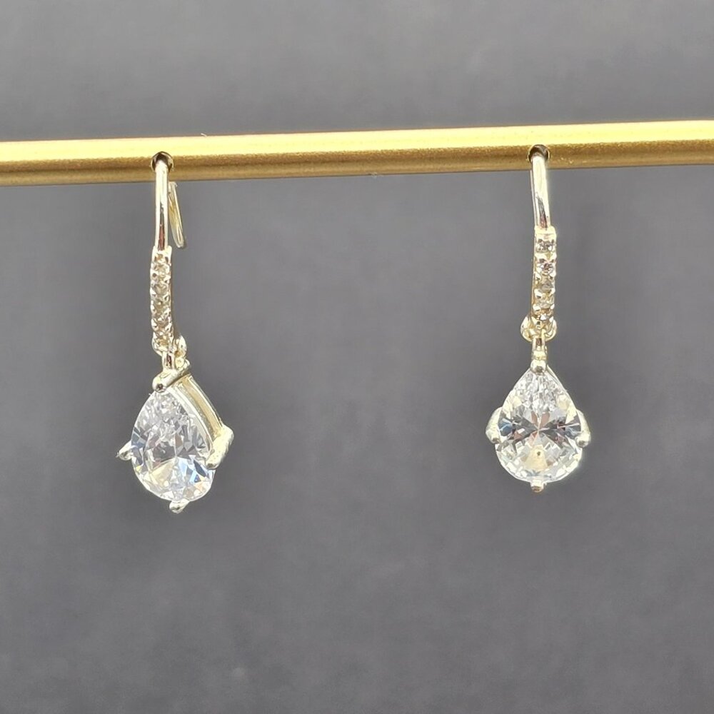 Teardrop Cubic Zirconia Drop Earrings Sterling Silver Hooks Pave Accents by CH